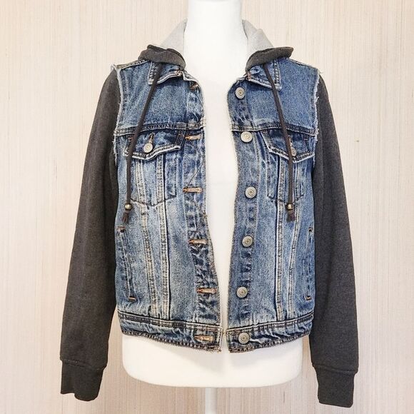 Aeropostale Fleece Hooded Jean Jacket Women's XS Denim Blue/Gray Button Front - Picture 2 of 12